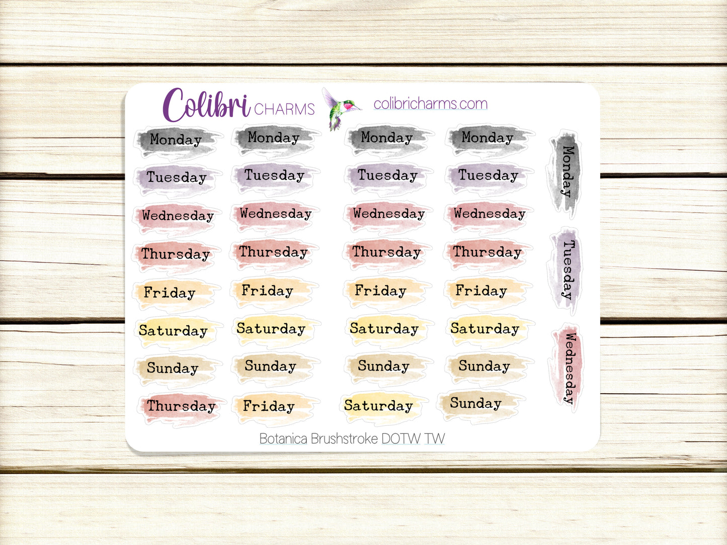 Botanica Days of the Week Planner Stickers, Colorful Watercolor DOTW, Number Stickers, Date Dots