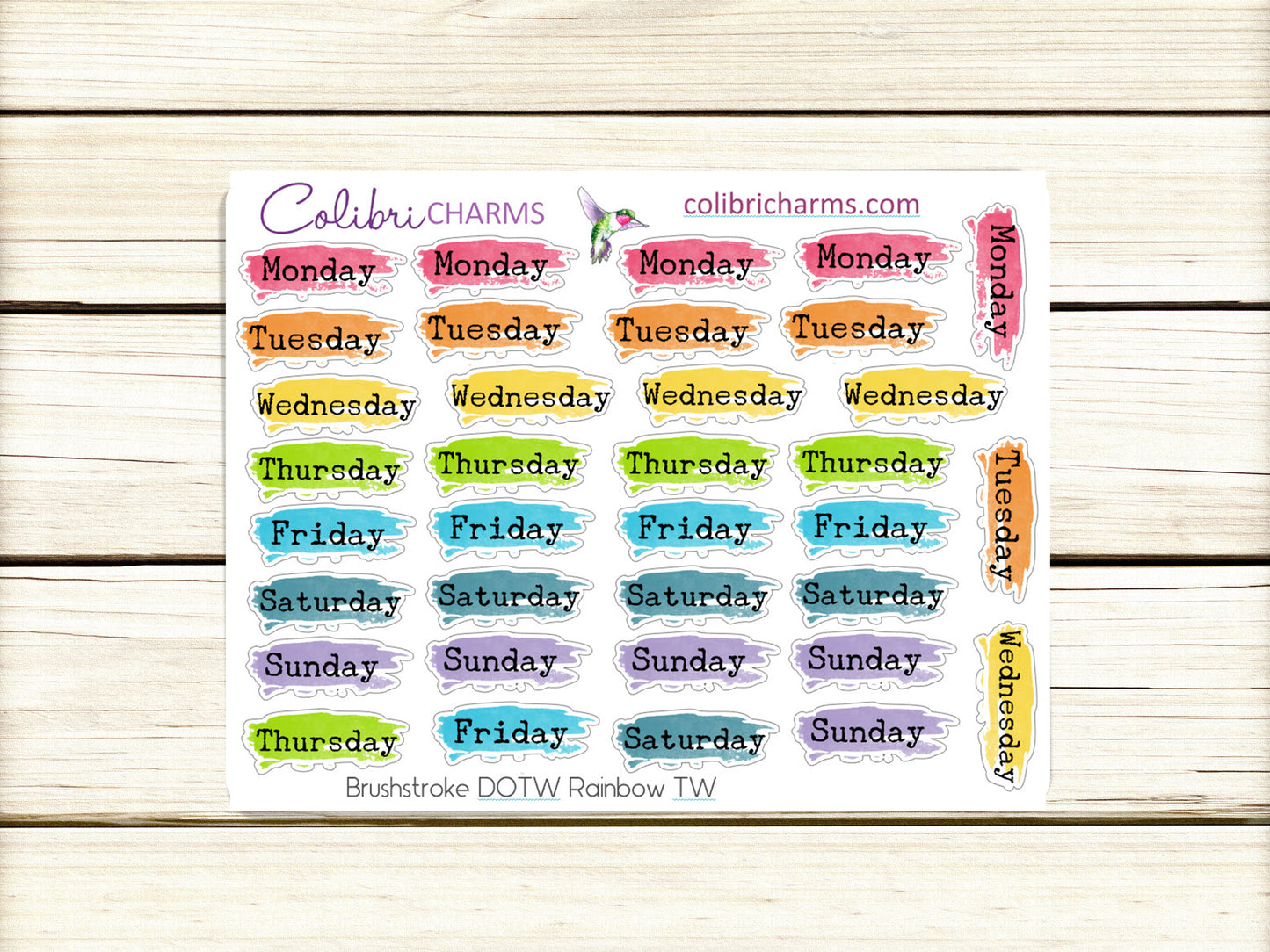 Brushstroke Days of the Week Planner Stickers in Rainbow | Watercolor DOTW Stickers | Script Daily Stickers | Date Dots | Date Stickers