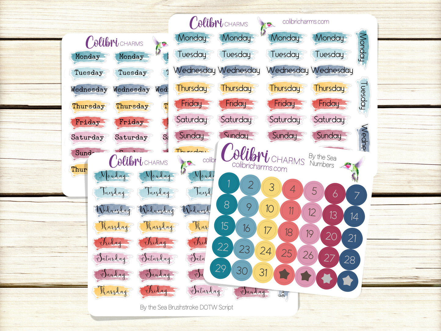 By the Sea Brushstroke Days of the Week Planner Stickers | Colorful Watercolor DOTW | Number Stickers | Date Dots