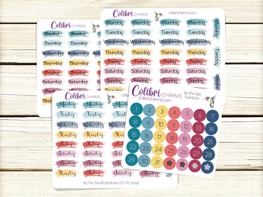 By the Sea Brushstroke Days of the Week Planner Stickers | Colorful Watercolor DOTW | Number Stickers | Date Dots