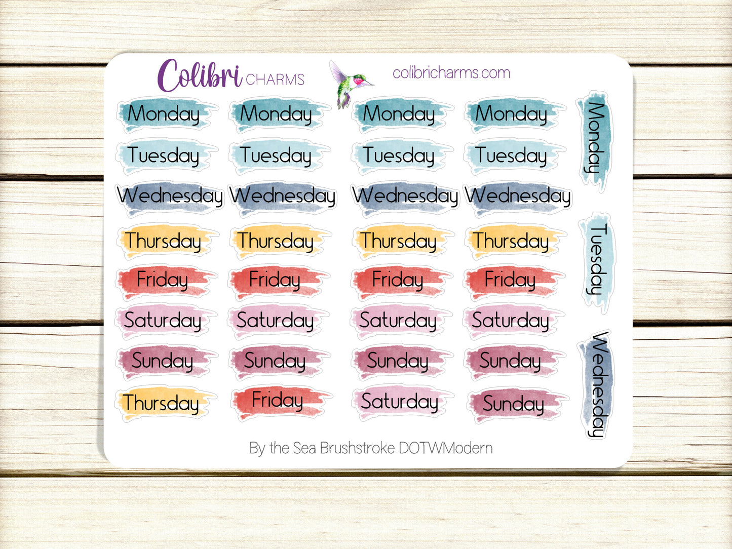 By the Sea Brushstroke Days of the Week Planner Stickers | Colorful Watercolor DOTW | Number Stickers | Date Dots