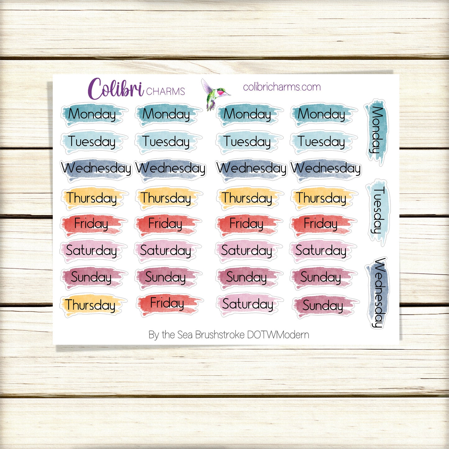 By the Sea Brushstroke Days of the Week Planner Stickers | Colorful Watercolor DOTW | Number Stickers | Date Dots