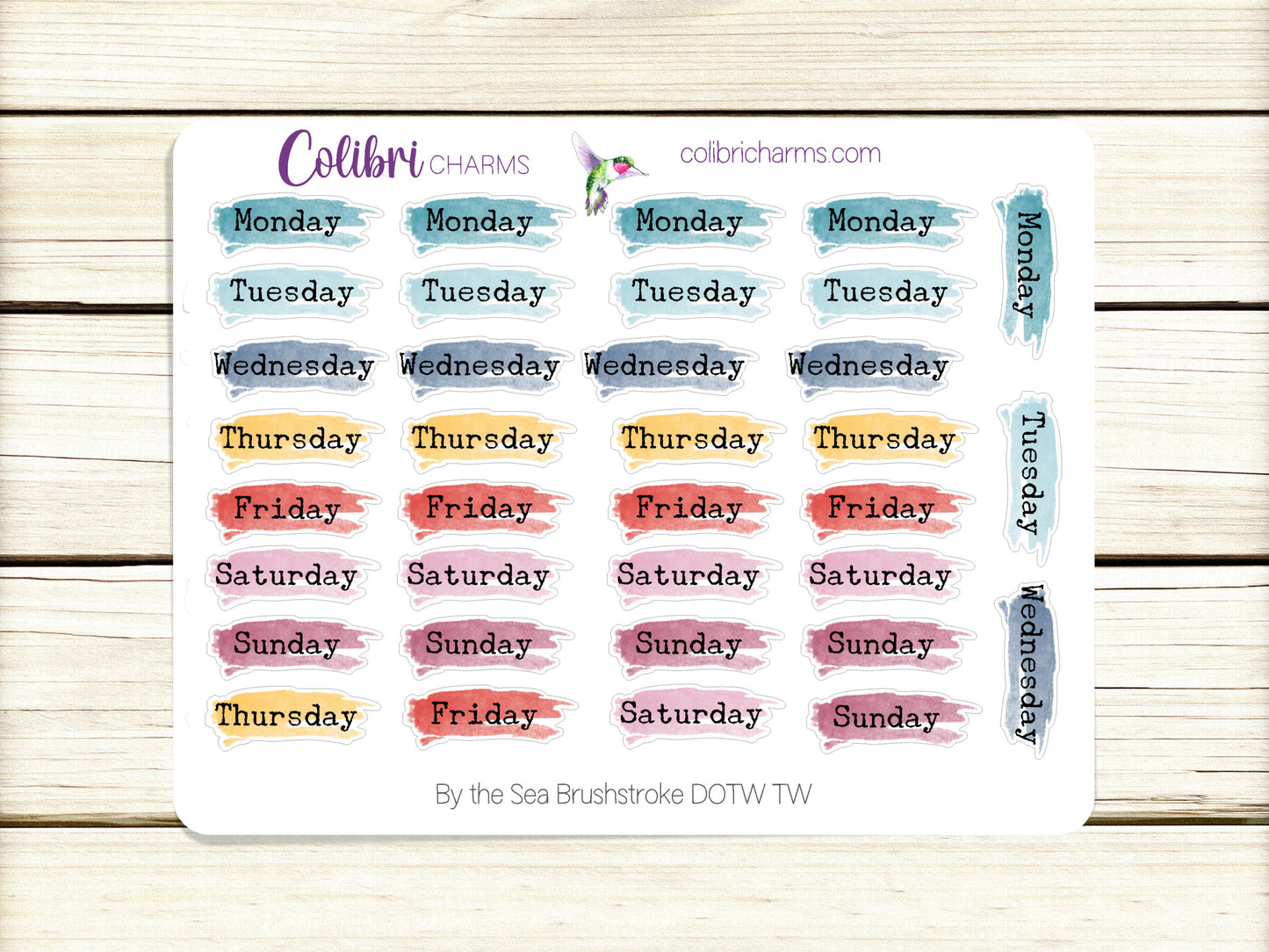 By the Sea Brushstroke Days of the Week Planner Stickers | Colorful Watercolor DOTW | Number Stickers | Date Dots
