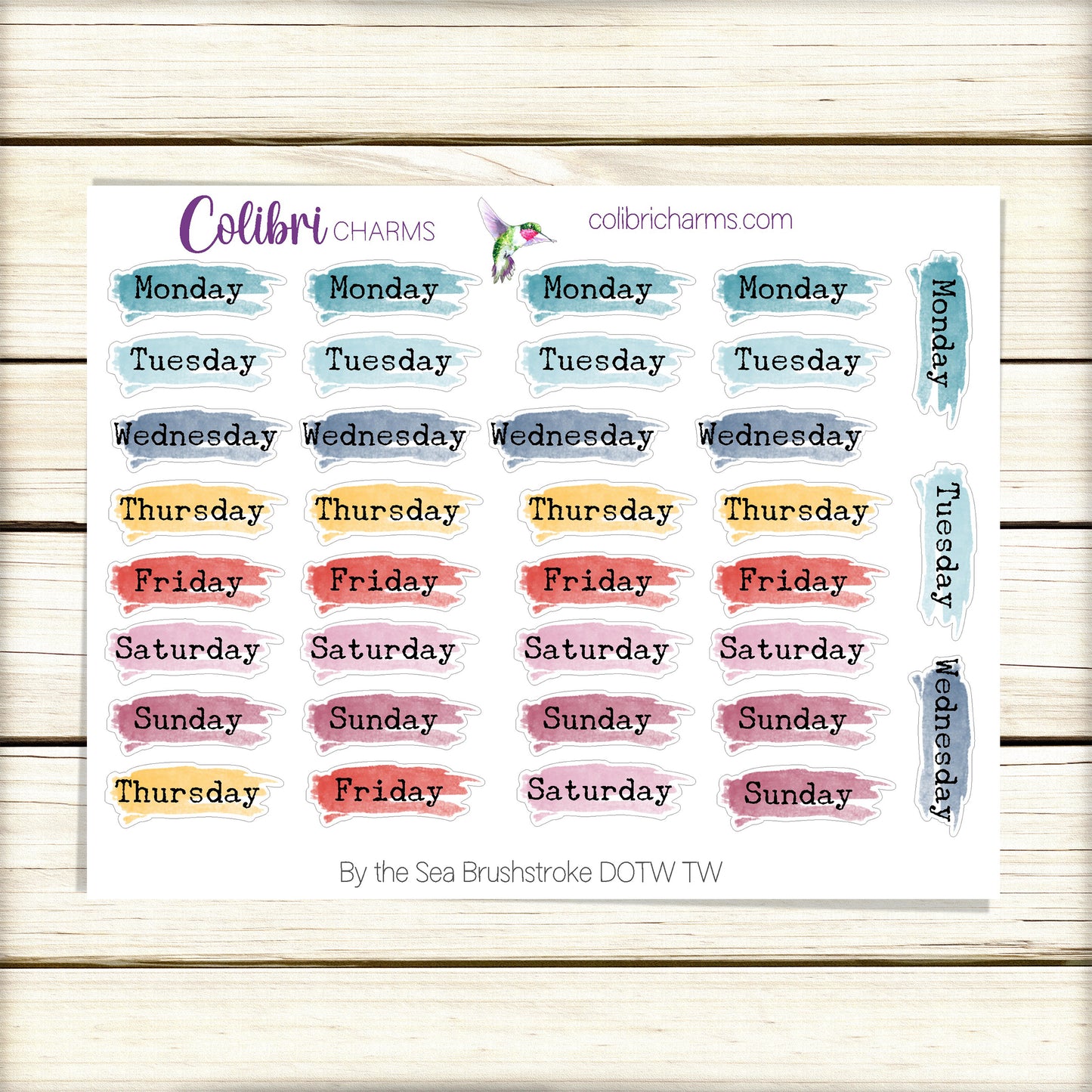 By the Sea Brushstroke Days of the Week Planner Stickers | Colorful Watercolor DOTW | Number Stickers | Date Dots