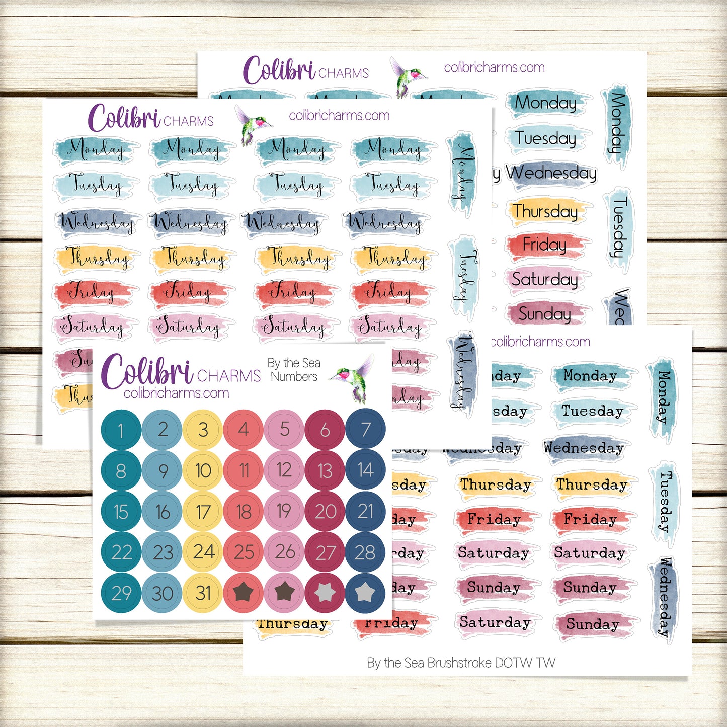 By the Sea Brushstroke Days of the Week Planner Stickers | Colorful Watercolor DOTW | Number Stickers | Date Dots