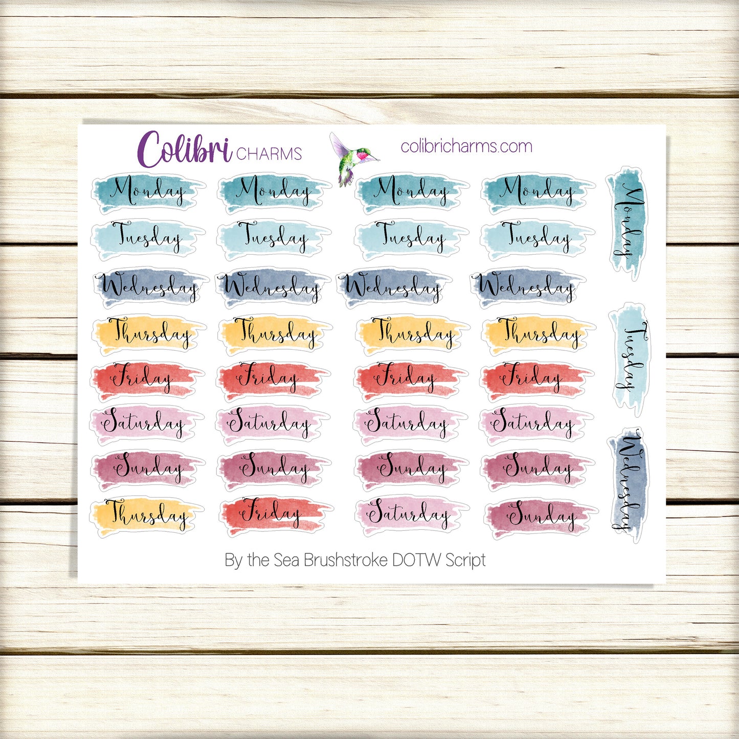 By the Sea Brushstroke Days of the Week Planner Stickers | Colorful Watercolor DOTW | Number Stickers | Date Dots