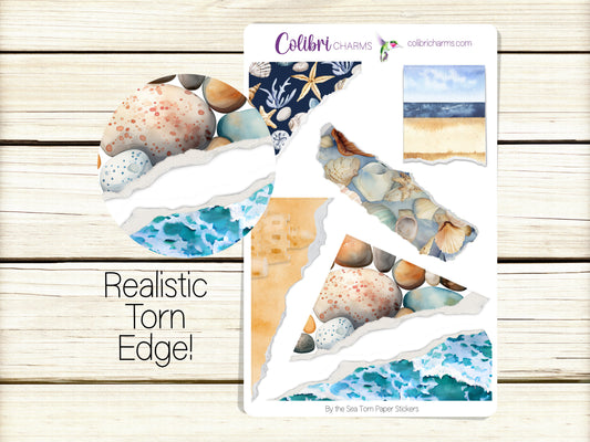 By the Sea Torn Paper Stickers | Seaside Deco Planner Stickers | Beach Distressed Ripped Paper