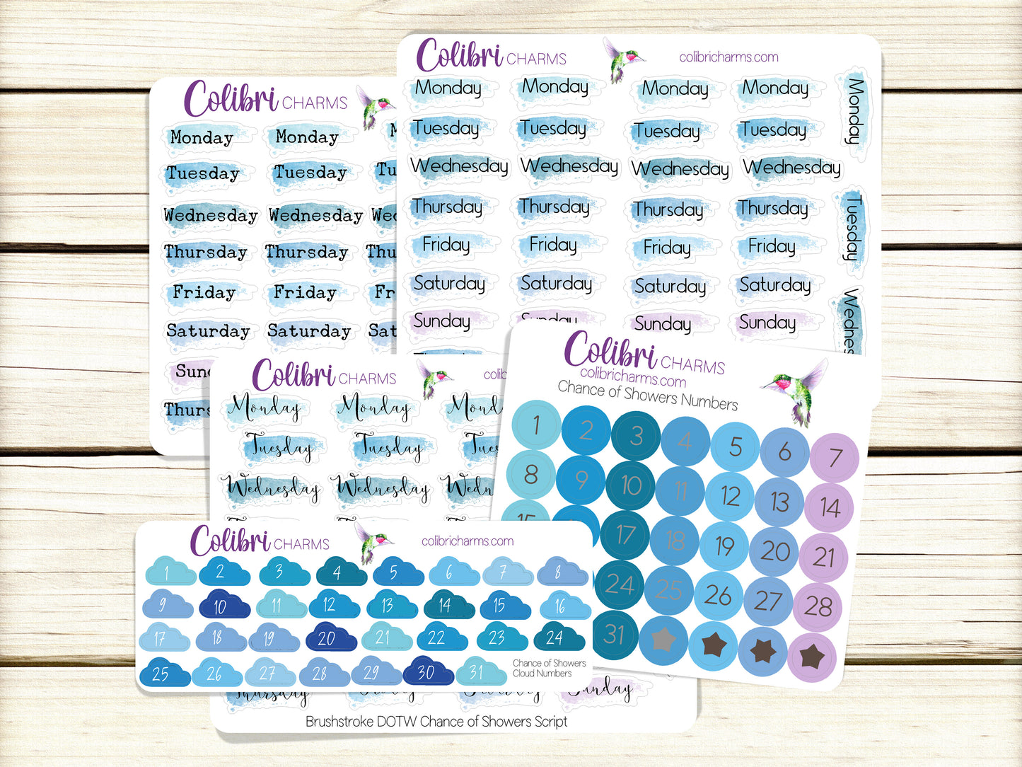 Blue Brushstroke Days of the Week Planner Stickers | Clouds Date Dots | Chance of Showers Watercolor DOTW Stickers | Number Stickers | Date Stickers