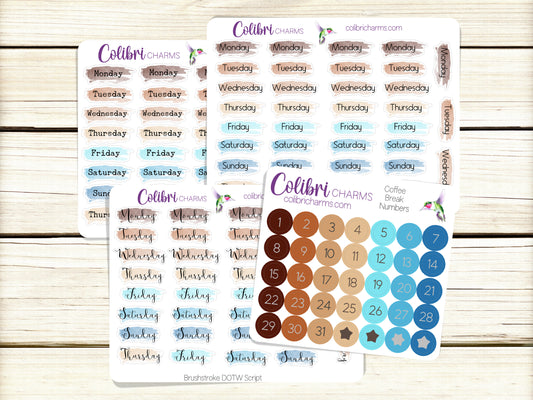 Coffee Break Brushstroke Days of the Week Planner Stickers, Colorful Watercolor DOTW, Number Stickers, Date Dots