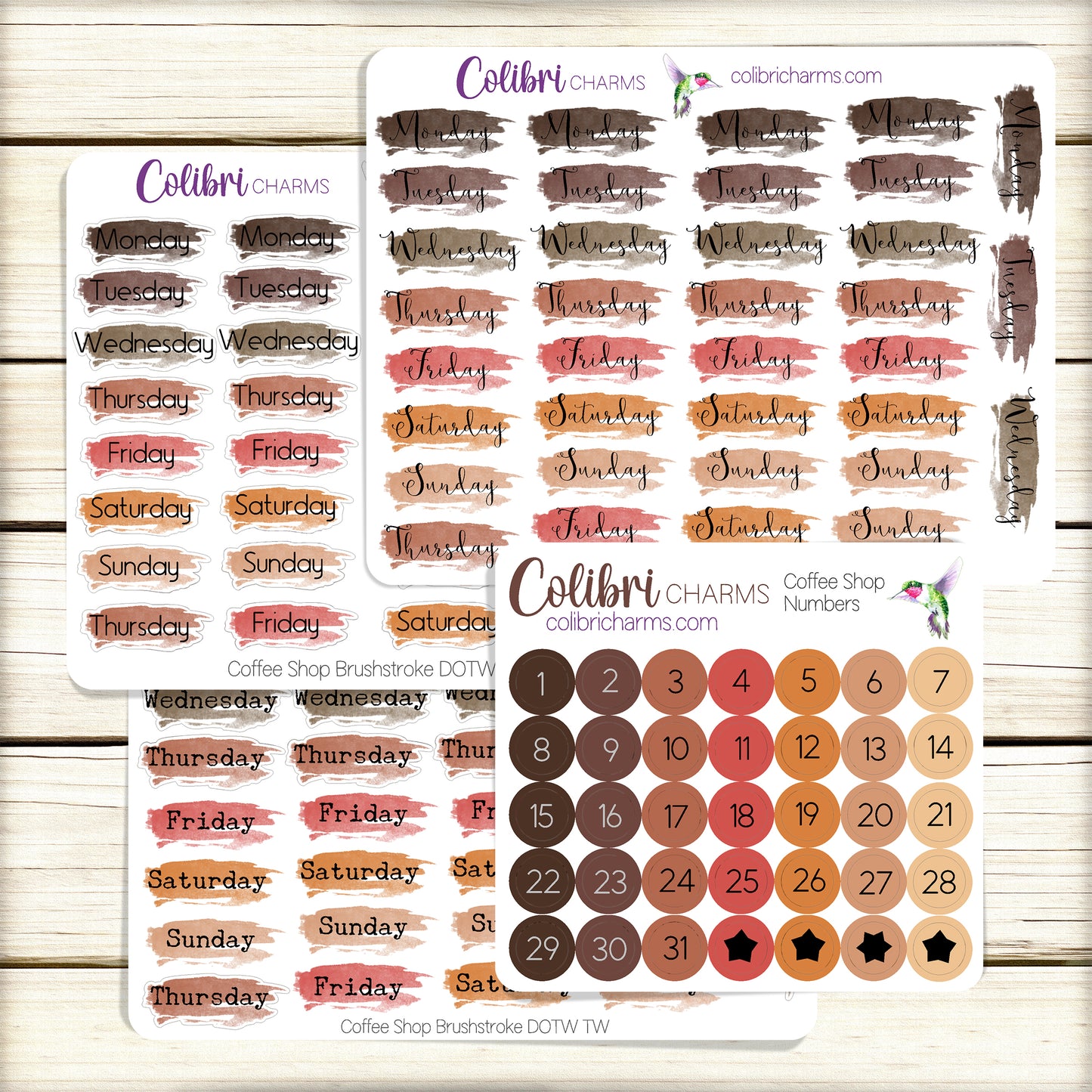 Coffee Shop Brushstroke Days of the Week Planner Stickers | Neutral Watercolor DOTW | Number Stickers | Date Dots