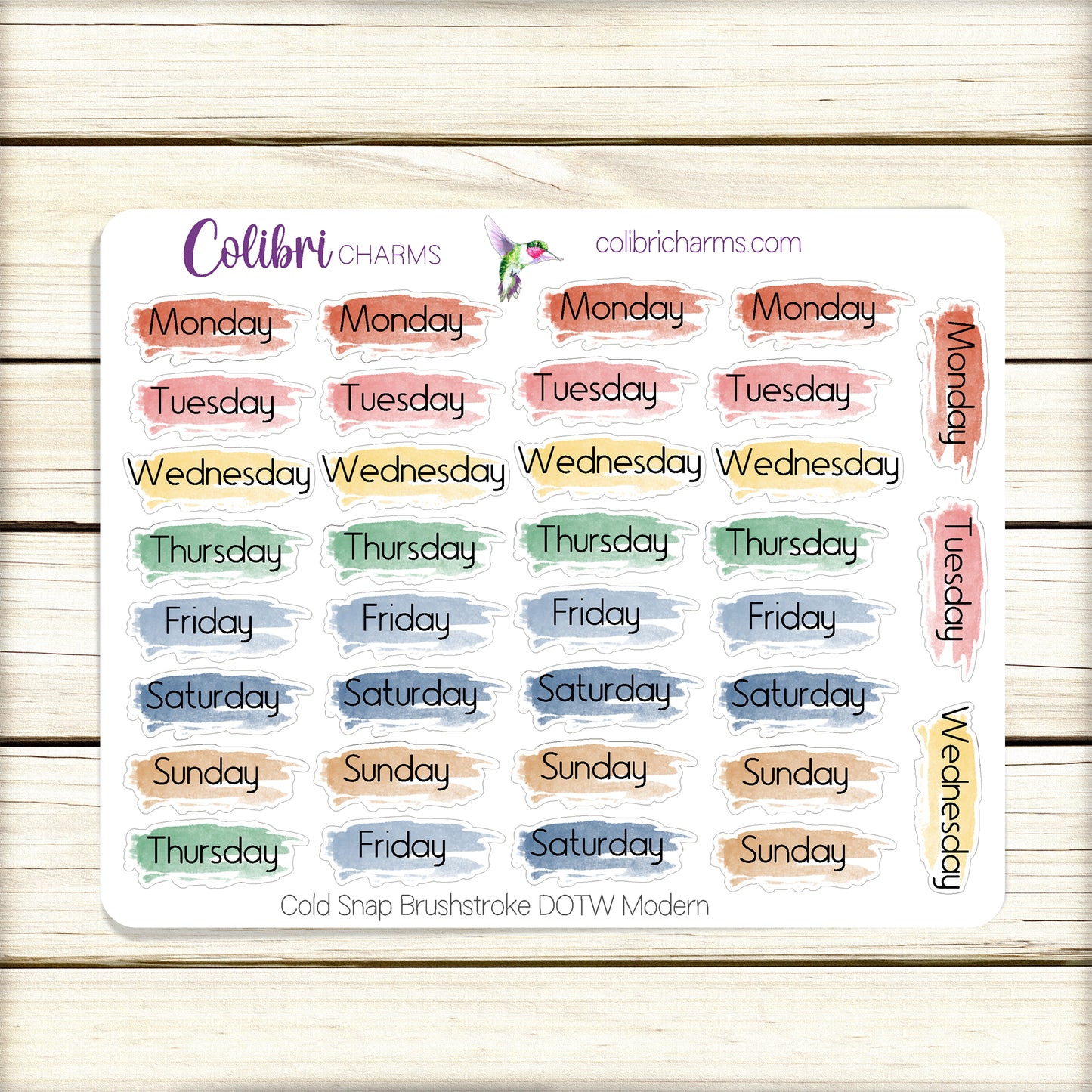 Cold Snap Brushstroke Days of the Week Planner Stickers | Colorful Watercolor DOTW | Number Stickers | Date Dots