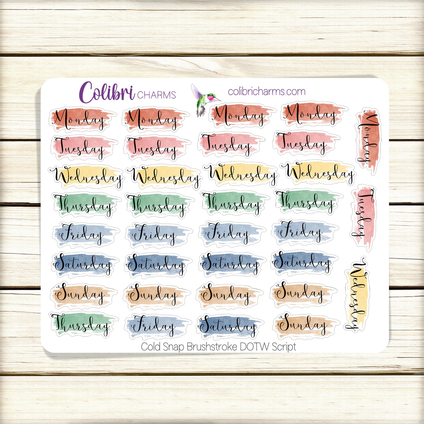 Cold Snap Brushstroke Days of the Week Planner Stickers | Colorful Watercolor DOTW | Number Stickers | Date Dots