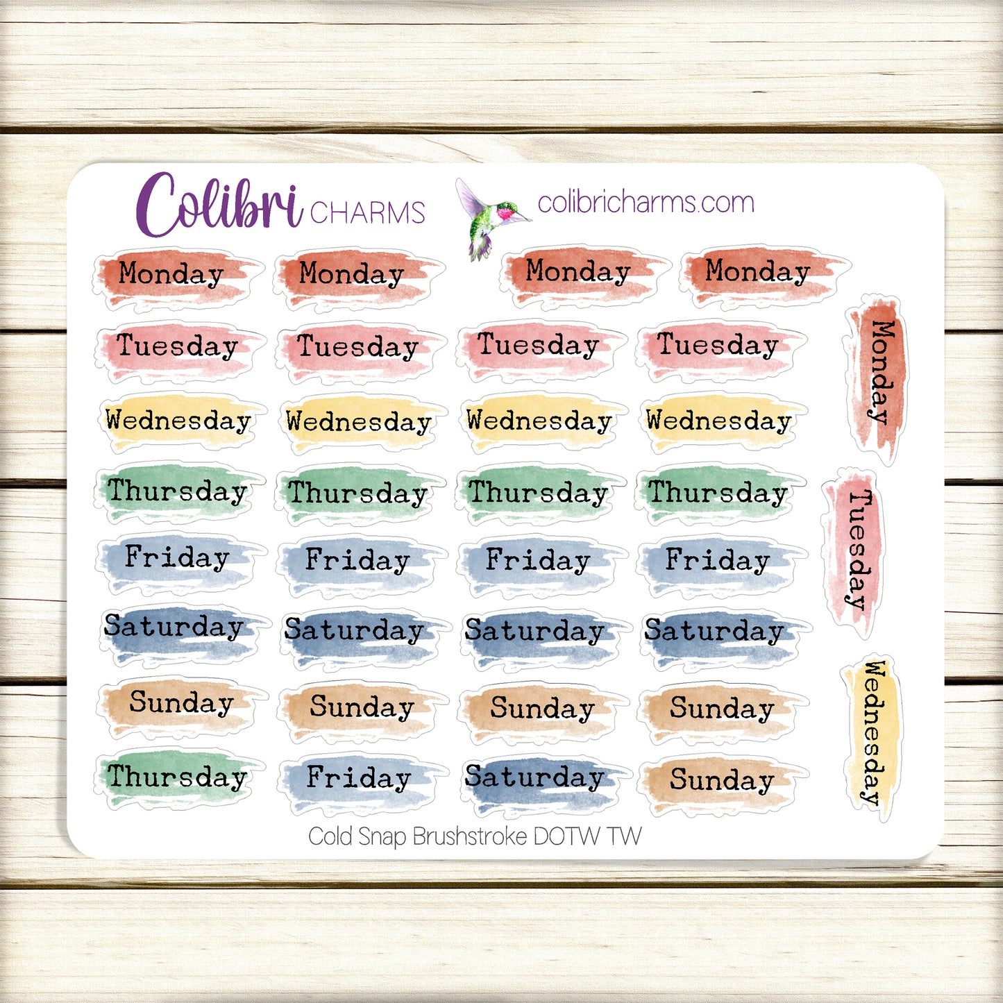 Cold Snap Brushstroke Days of the Week Planner Stickers | Colorful Watercolor DOTW | Number Stickers | Date Dots