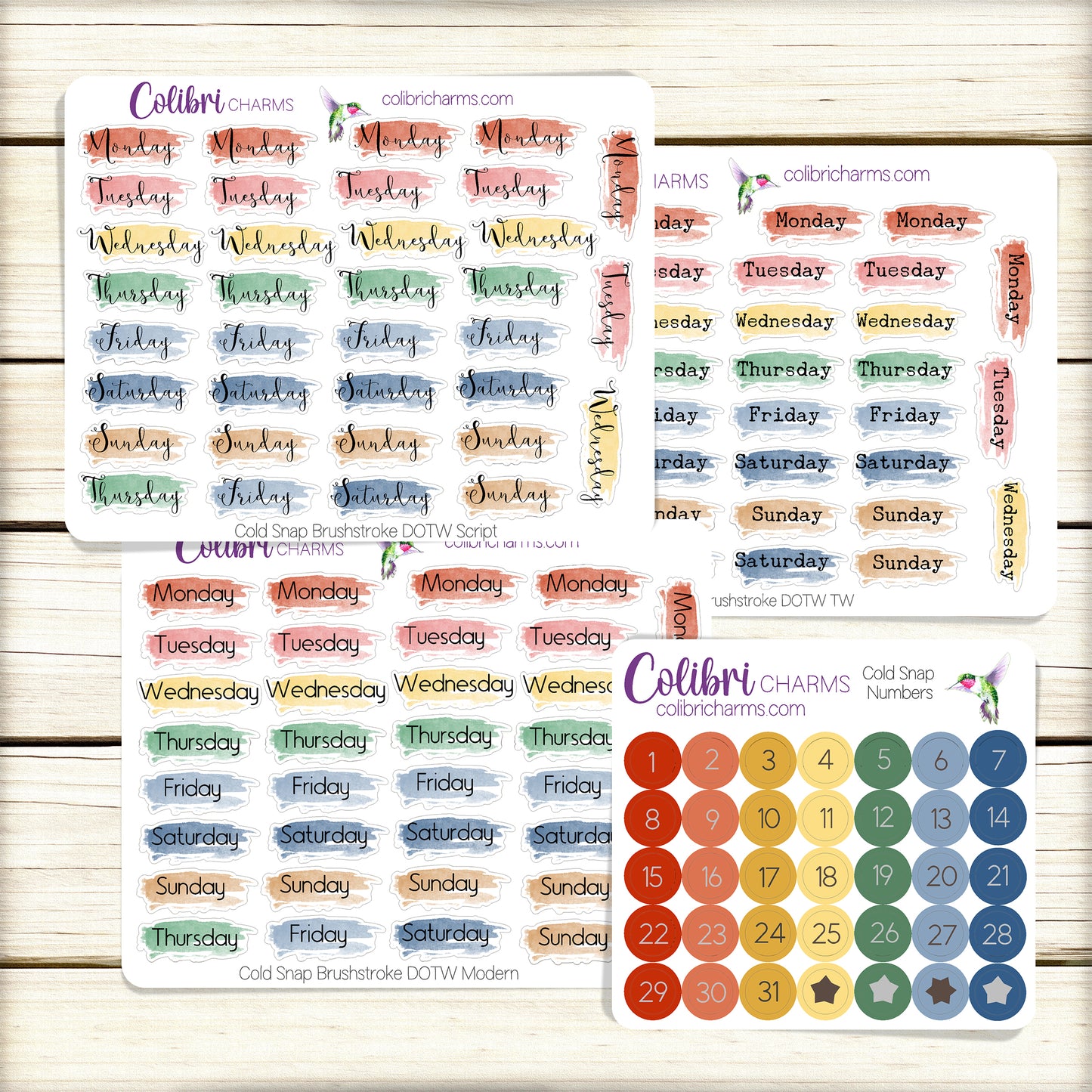 Cold Snap Brushstroke Days of the Week Planner Stickers | Colorful Watercolor DOTW | Number Stickers | Date Dots