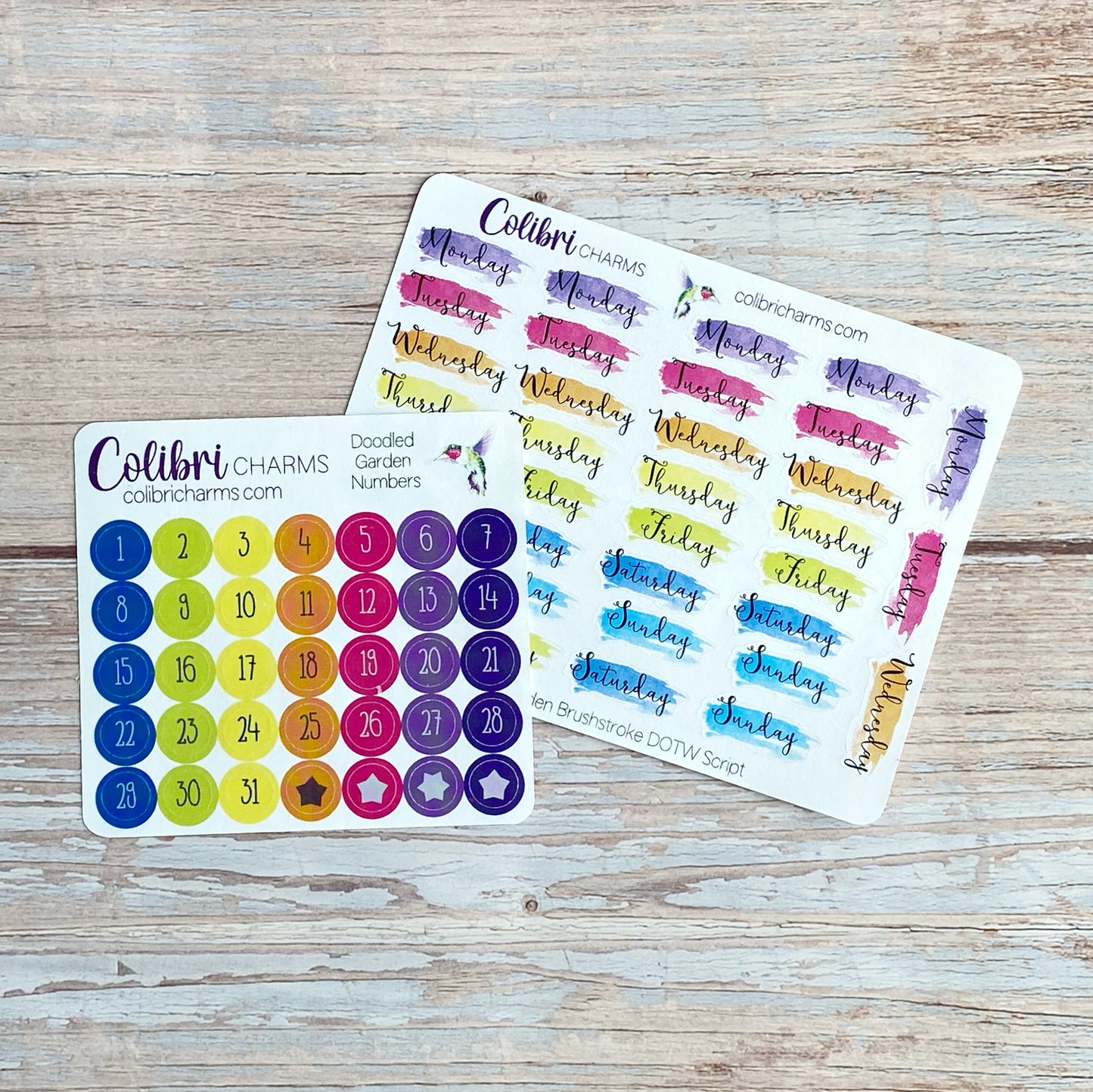 Doodled Garden Brushstroke Days of the Week Planner Stickers | Colorful Watercolor DOTW | Number Stickers | Date Dots