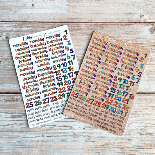 Doodled Garden Hand Drawn Days of the Week Planner Stickers | Colorful Whimsical DOTW | Number Stickers | Date Dots
