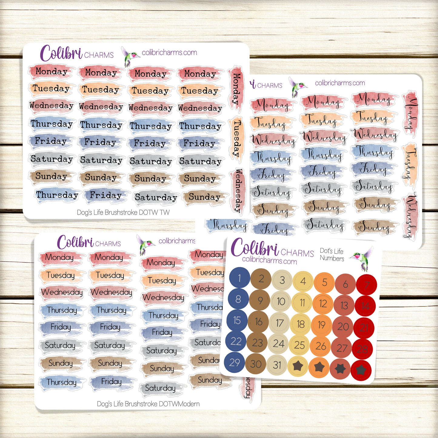 Dog's Life Brushstroke Days of the Week Planner Stickers | Colorful Watercolor DOTW | Number Stickers | Date Dots