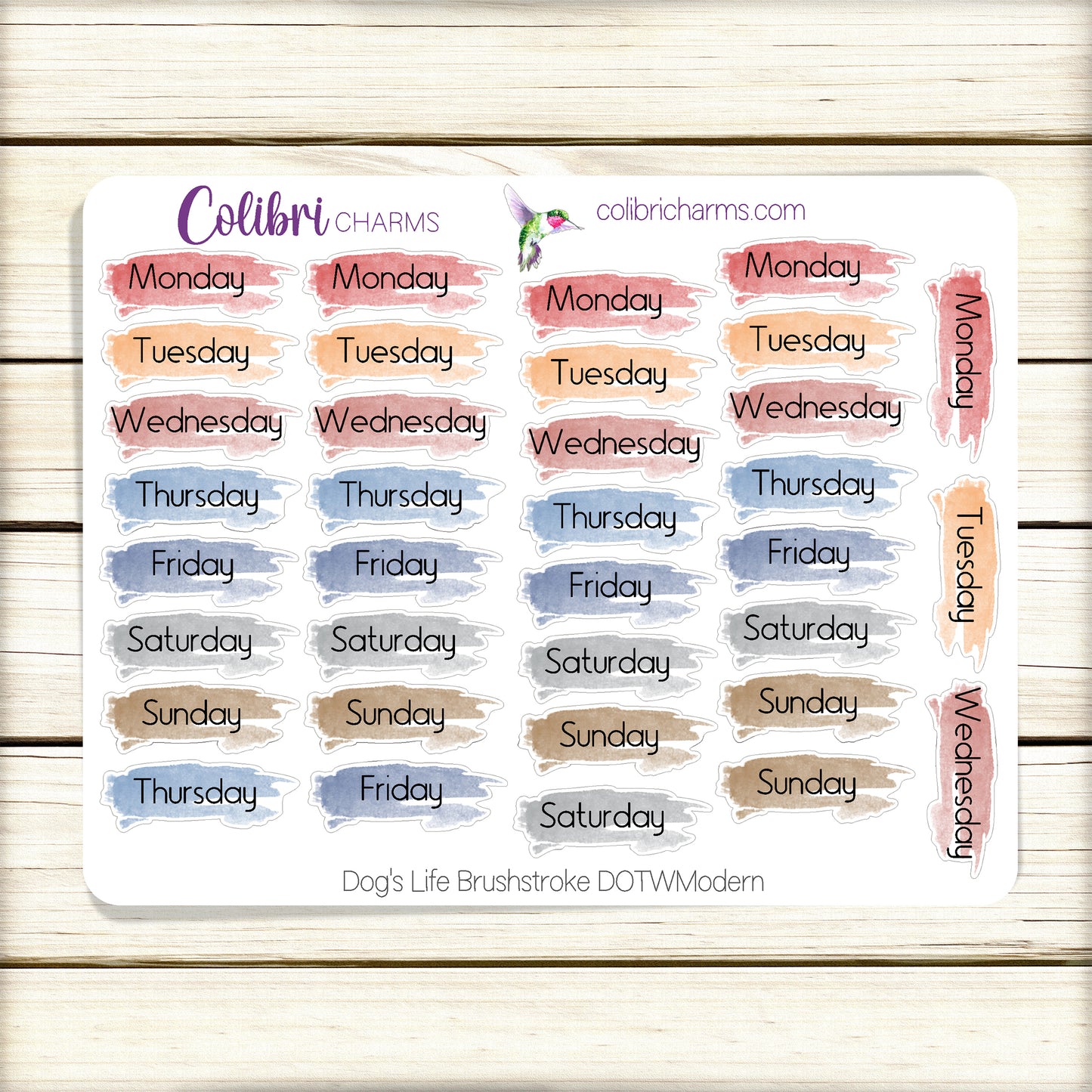 Dog's Life Brushstroke Days of the Week Planner Stickers | Colorful Watercolor DOTW | Number Stickers | Date Dots