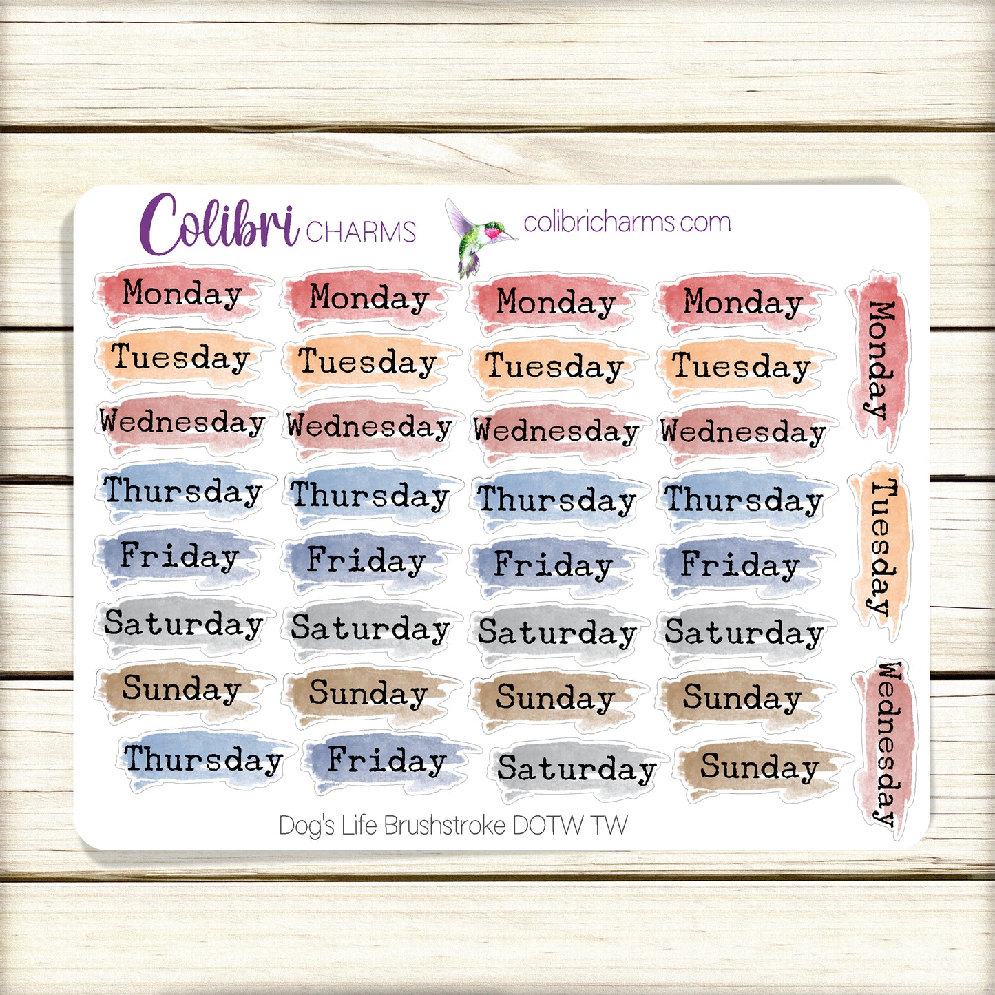 Dog's Life Brushstroke Days of the Week Planner Stickers | Colorful Watercolor DOTW | Number Stickers | Date Dots