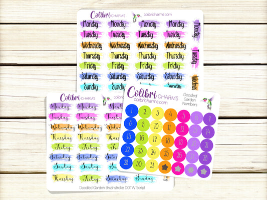 Doodled Garden Brushstroke Days of the Week Planner Stickers | Colorful Watercolor DOTW | Number Stickers | Date Dots