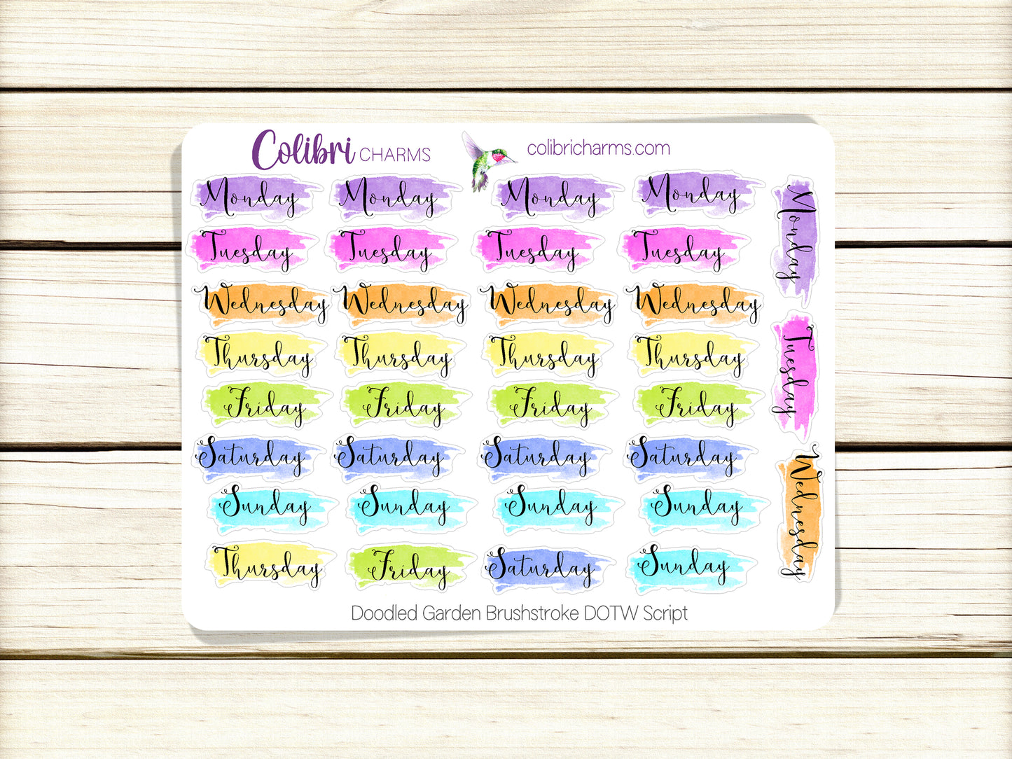 Doodled Garden Brushstroke Days of the Week Planner Stickers | Colorful Watercolor DOTW | Number Stickers | Date Dots