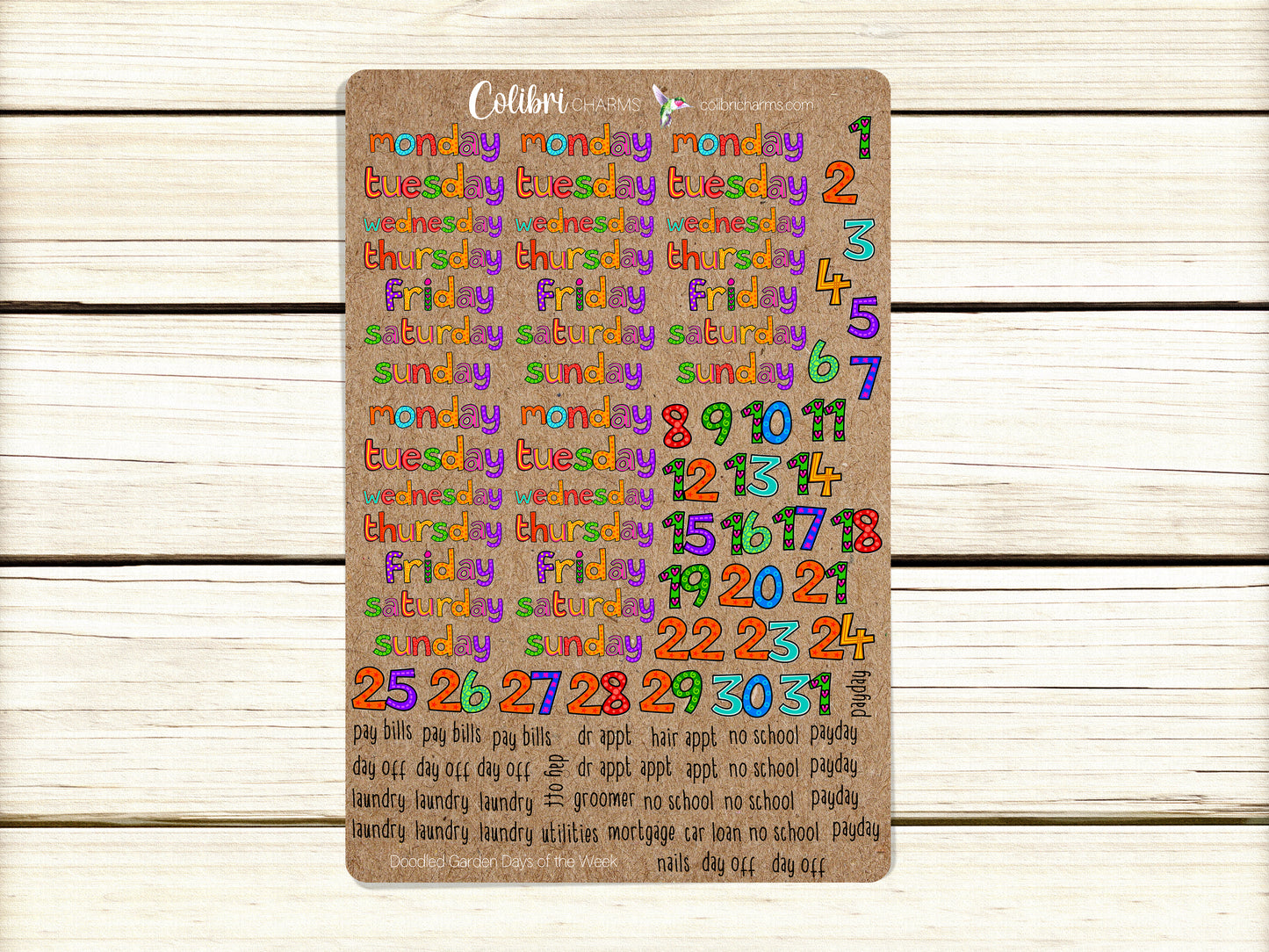 Doodled Garden Hand Drawn Days of the Week Planner Stickers | Colorful Whimsical DOTW | Number Stickers | Date Dots