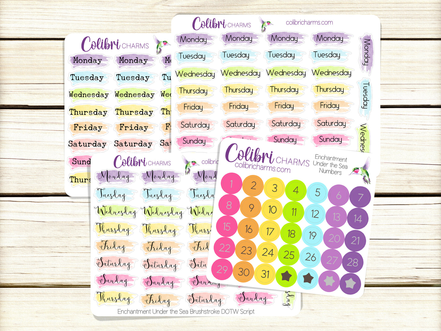 Enchantment Brushstroke Days of the Week Planner Stickers  | Watercolor DOTW Stickers | Colorful Daily Stickers | Date Dots | Date Stickers