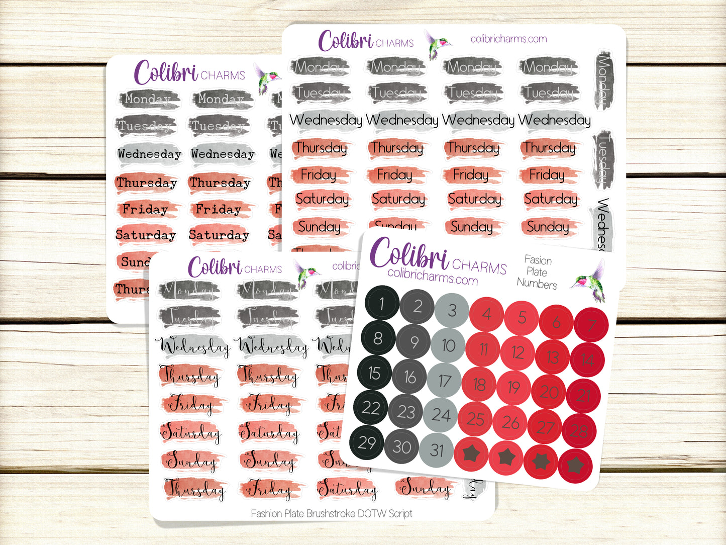 Fashion Plate Brushstroke Days of the Week Planner Stickers, Colorful Watercolor DOTW, Number Stickers, Date Dots