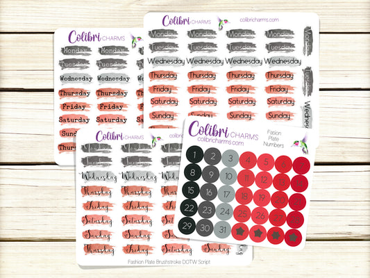 Fashion Plate Brushstroke Days of the Week Planner Stickers, Colorful Watercolor DOTW, Number Stickers, Date Dots