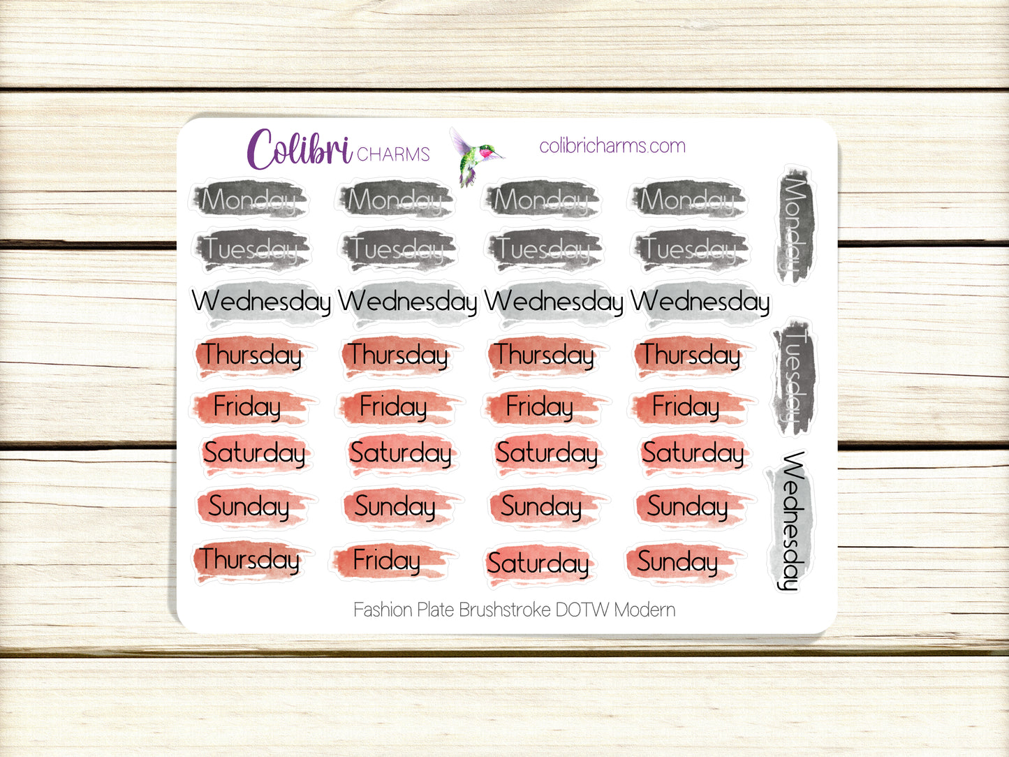 Fashion Plate Brushstroke Days of the Week Planner Stickers, Colorful Watercolor DOTW, Number Stickers, Date Dots