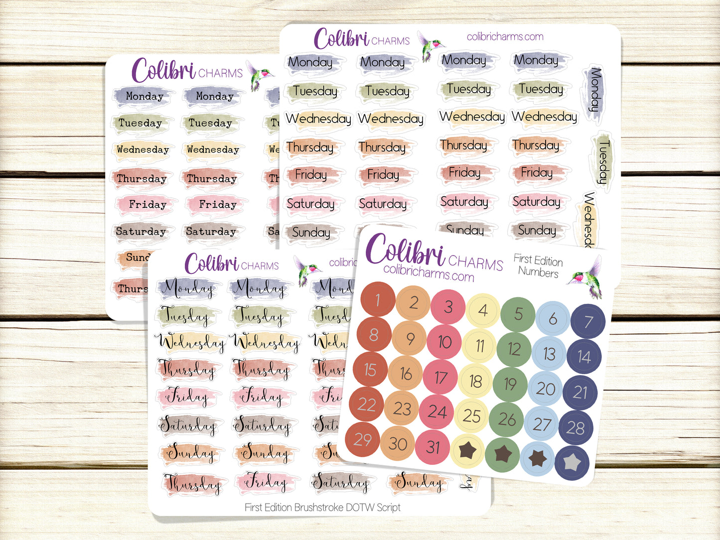 First Edition Brushstroke Days of the Week Planner Stickers, Colorful Watercolor DOTW, Number Stickers, Date Dots