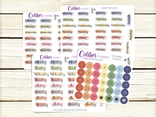 First Edition Brushstroke Days of the Week Planner Stickers, Colorful Watercolor DOTW, Number Stickers, Date Dots