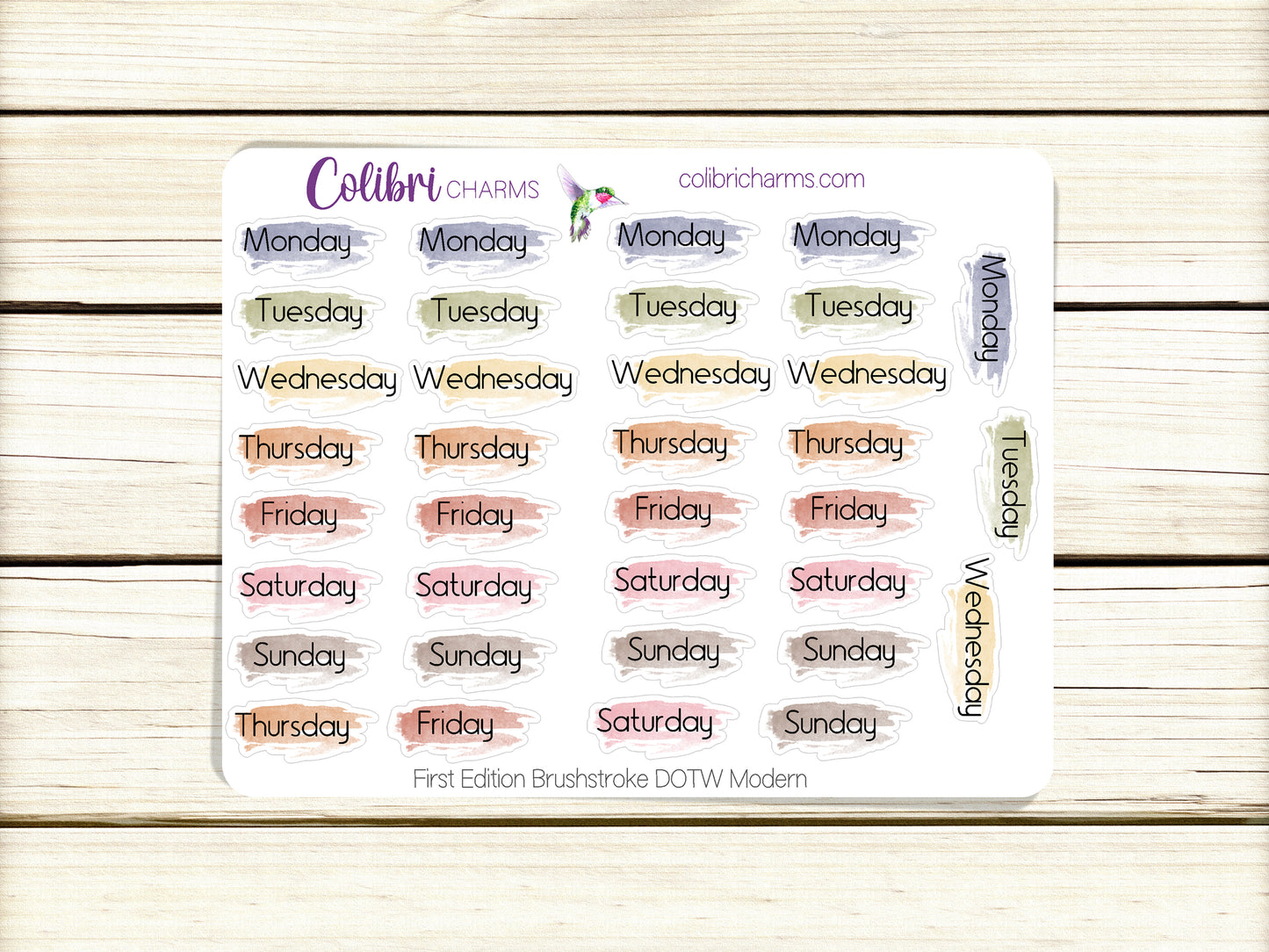 First Edition Brushstroke Days of the Week Planner Stickers, Colorful Watercolor DOTW, Number Stickers, Date Dots