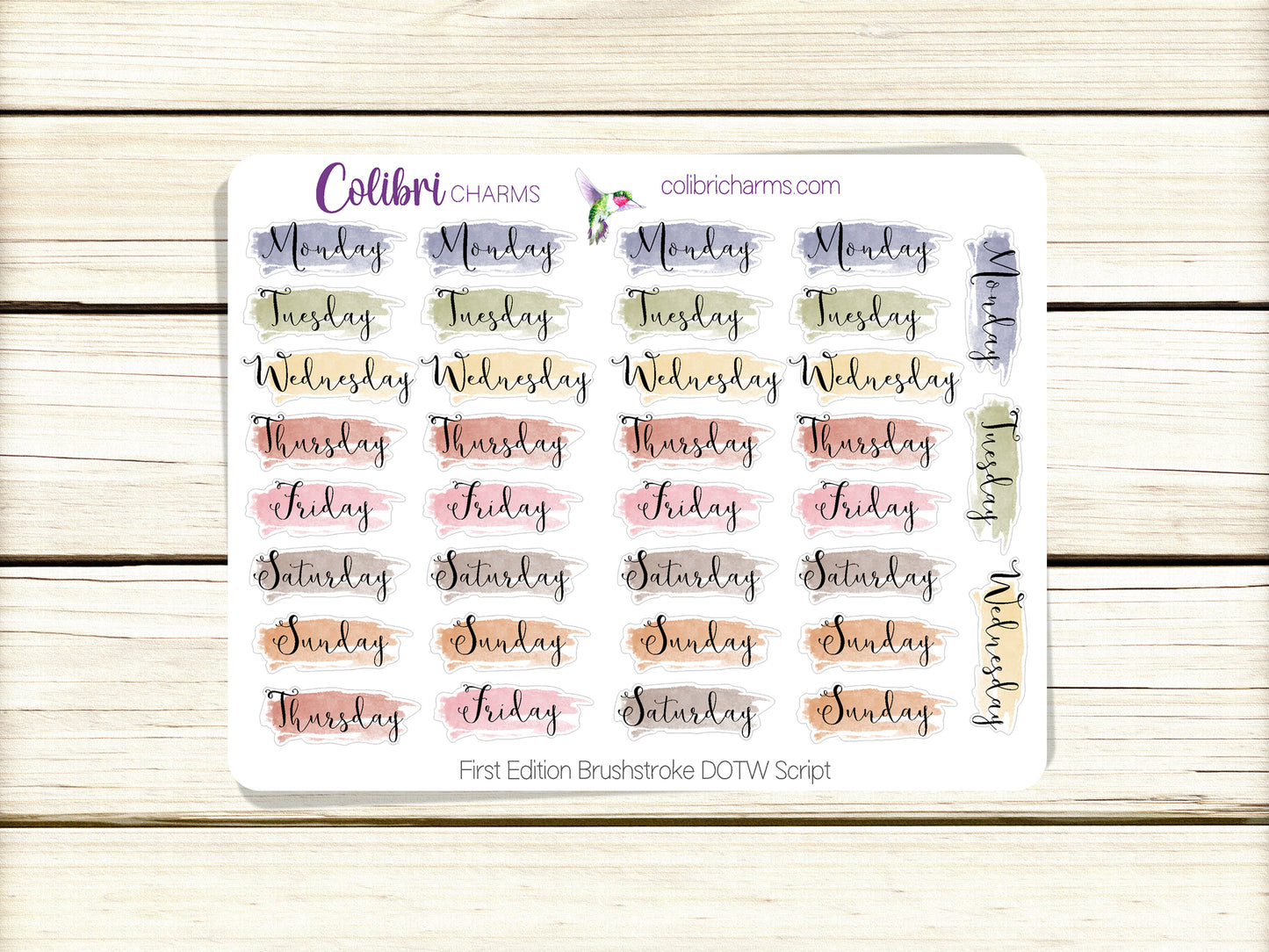 First Edition Brushstroke Days of the Week Planner Stickers, Colorful Watercolor DOTW, Number Stickers, Date Dots