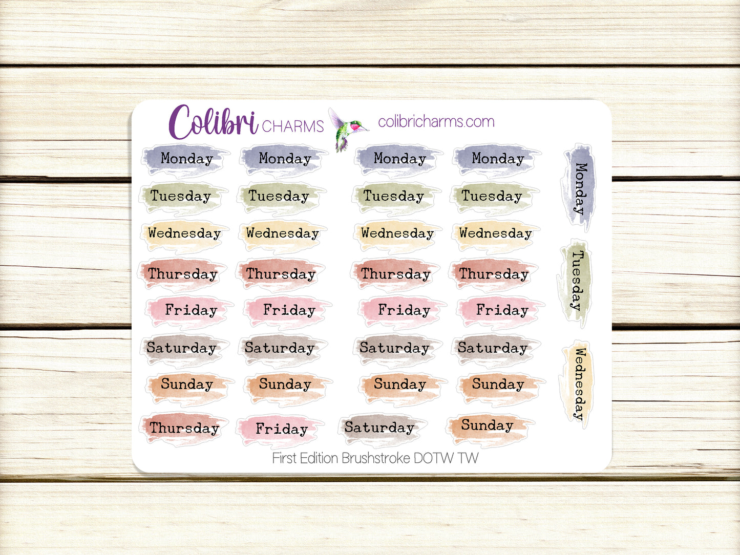 First Edition Brushstroke Days of the Week Planner Stickers, Colorful Watercolor DOTW, Number Stickers, Date Dots