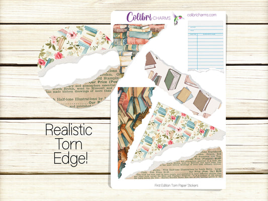 First Edition Torn Paper Stickers, Reading Deco Planner Stickers, Books Distressed Ripped Paper