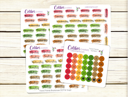 Forest Friends Brushstroke Days of the Week Planner Stickers | Autumn Watercolor DOTW | Number Stickers | Date Dots
