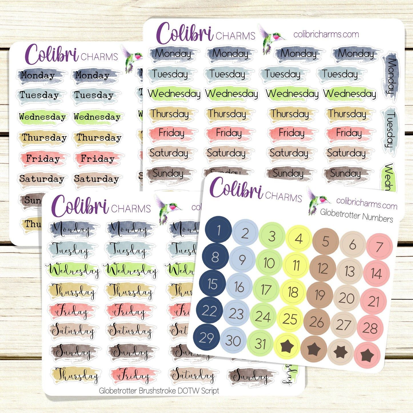 Globetrotter Brushstroke Days of the Week Planner Stickers | Watercolor Date Stickers | Script Daily Stickers | Date Dots | Date Stickers