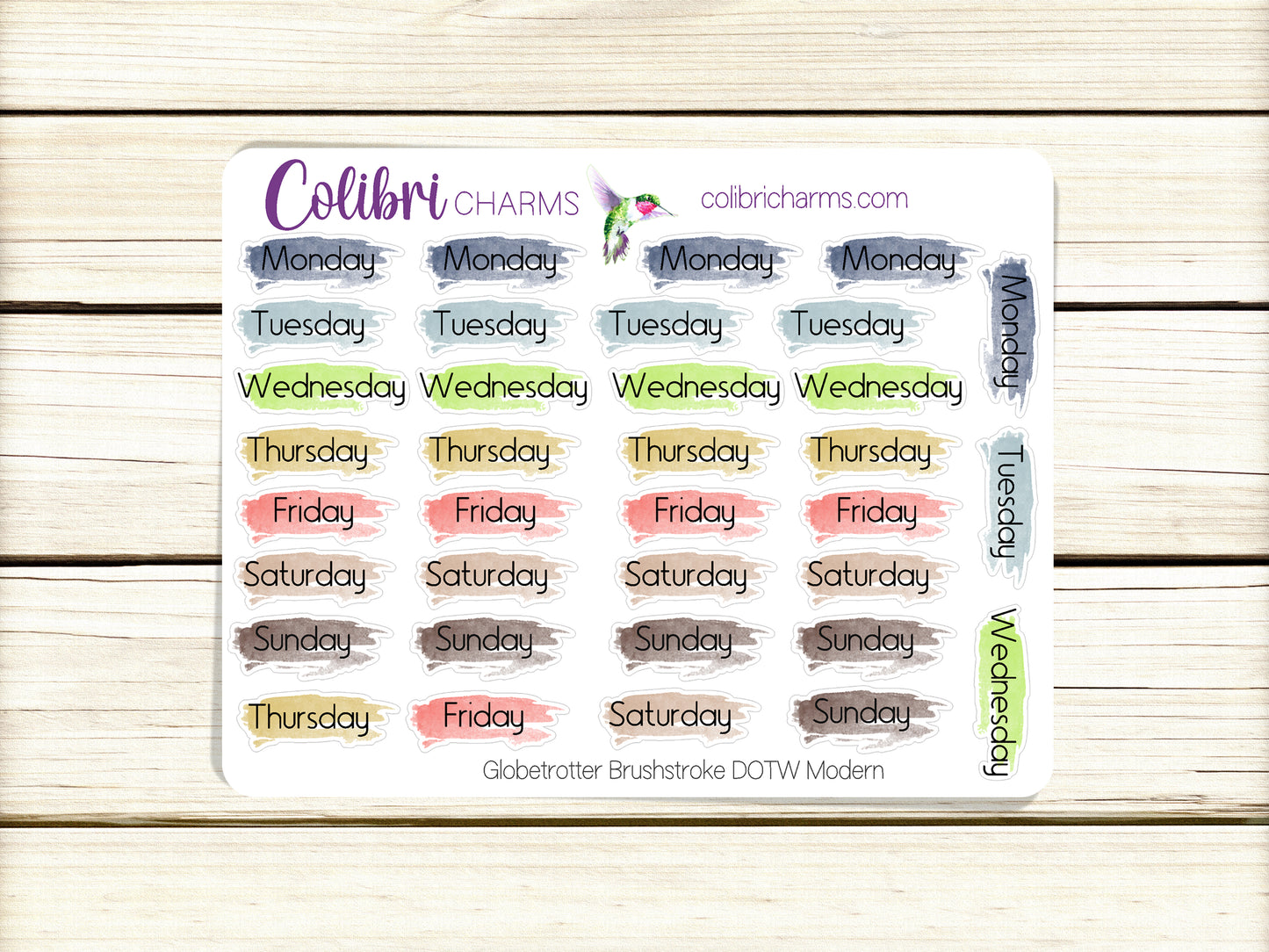 Globetrotter Brushstroke Days of the Week Planner Stickers | Watercolor Date Stickers | Script Daily Stickers | Date Dots | Date Stickers