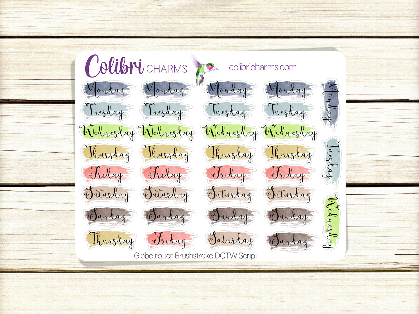 Globetrotter Brushstroke Days of the Week Planner Stickers | Watercolor Date Stickers | Script Daily Stickers | Date Dots | Date Stickers