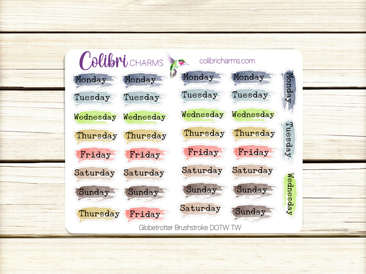 Globetrotter Brushstroke Days of the Week Planner Stickers | Watercolor Date Stickers | Script Daily Stickers | Date Dots | Date Stickers