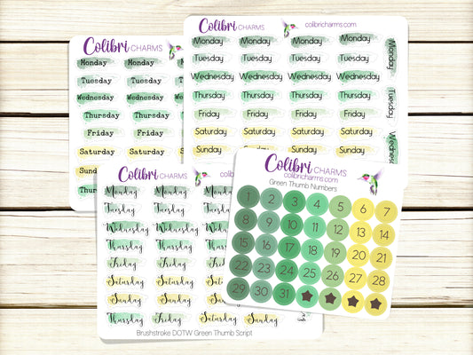 Green Thumb Brushstroke Days of the Week Planner Stickers | Watercolor DOTW Stickers | Number Stickers | Date Dots | Date Stickers