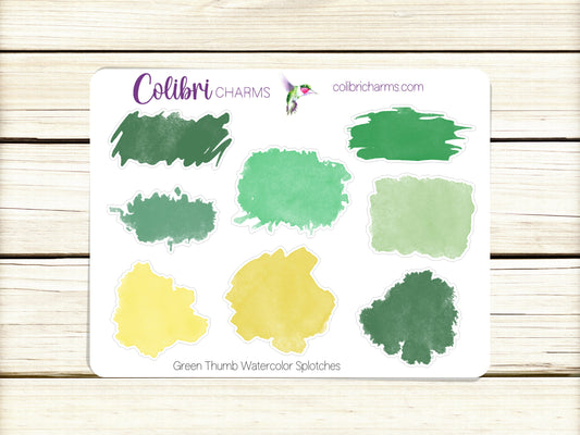 Green Thumb Watercolor Splotches Planner Stickers, Green Yellow Paint Swatch Stickers, Decorative Planner