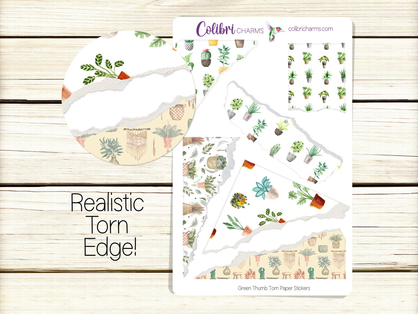 Green Thumb Torn Paper Stickers, Plant Lover Deco Planner Stickers, Distressed Ripped Paper