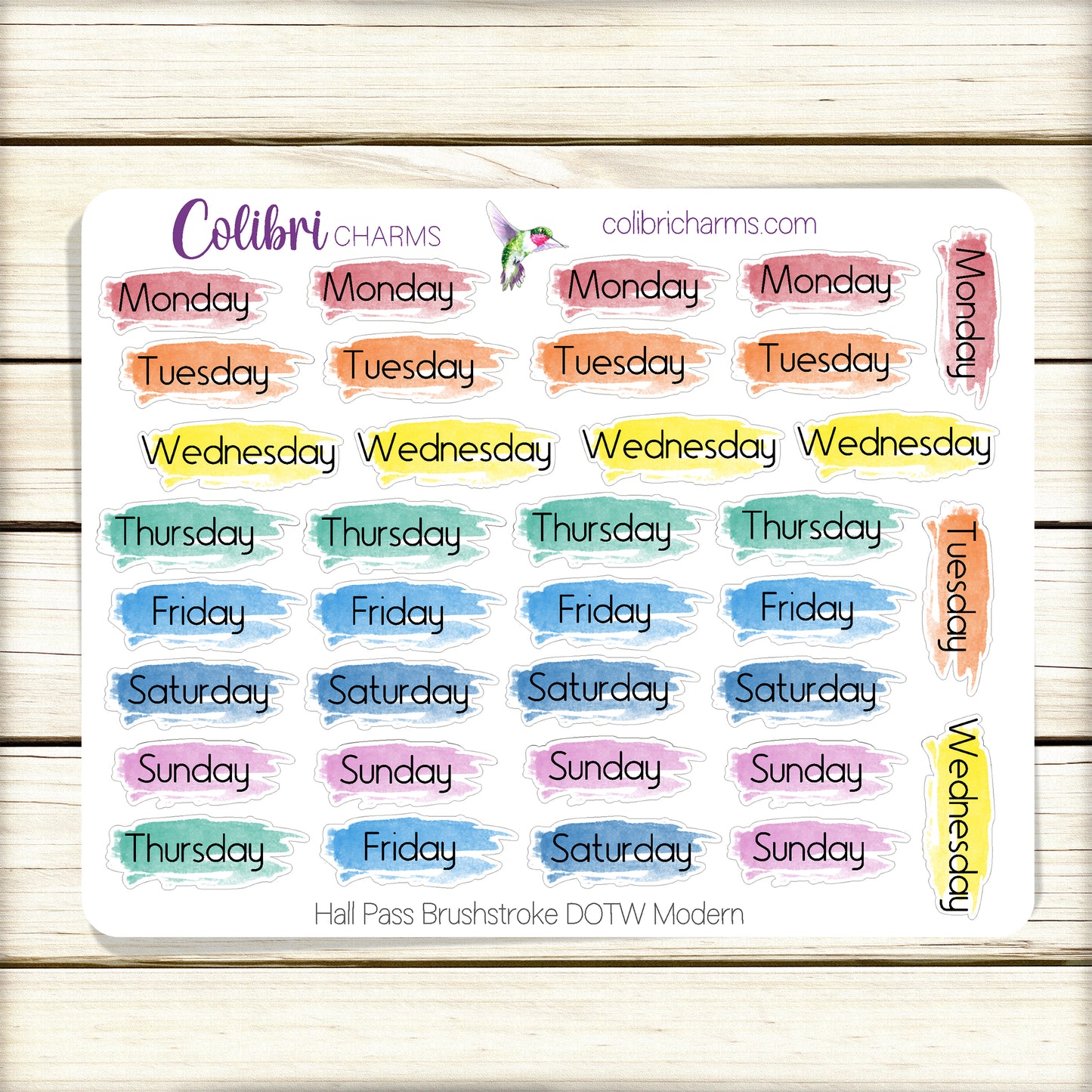 Hall Pass Brushstroke Days of the Week Planner Stickers | Colorful Watercolor DOTW | Number Stickers | Date Dots