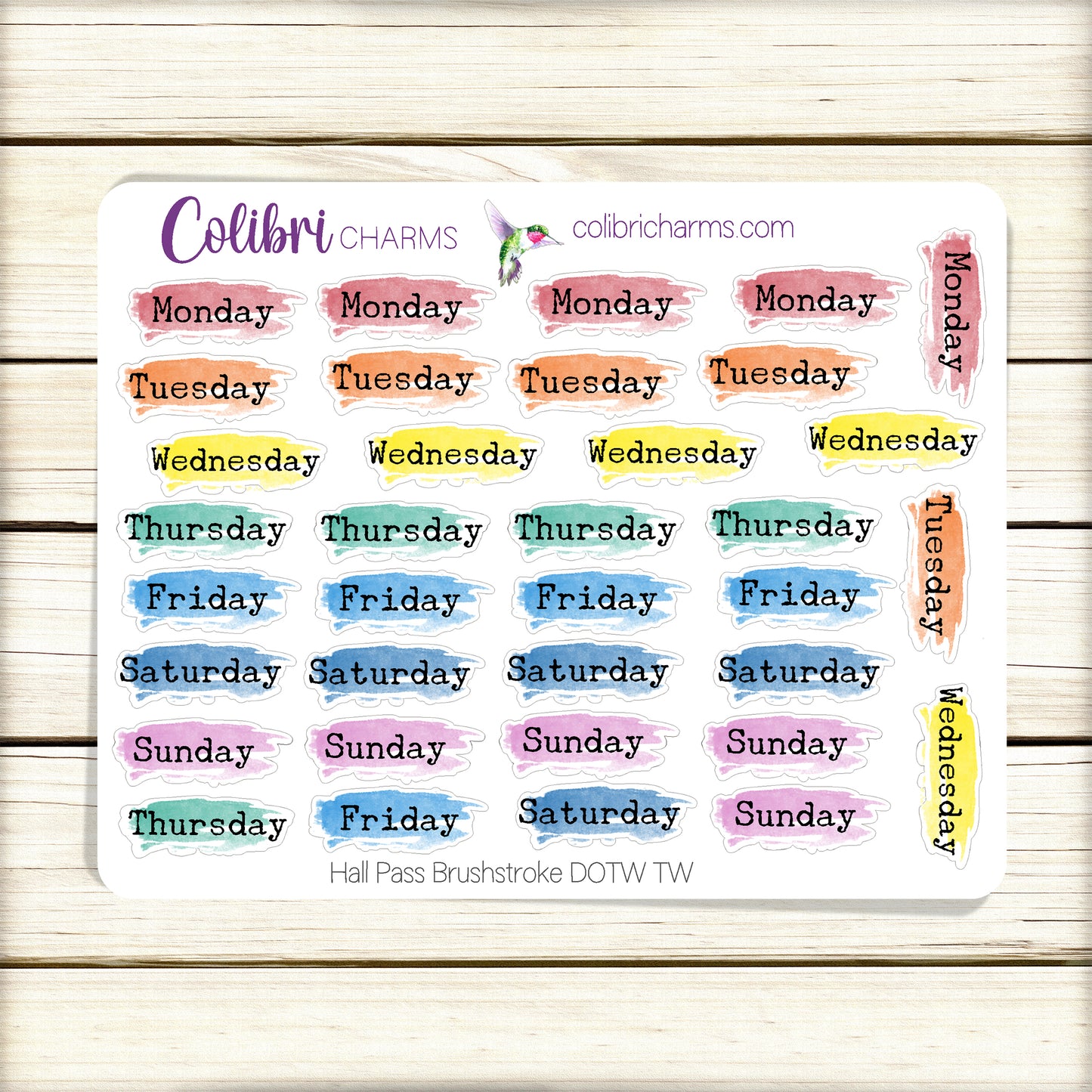 Hall Pass Brushstroke Days of the Week Planner Stickers | Colorful Watercolor DOTW | Number Stickers | Date Dots