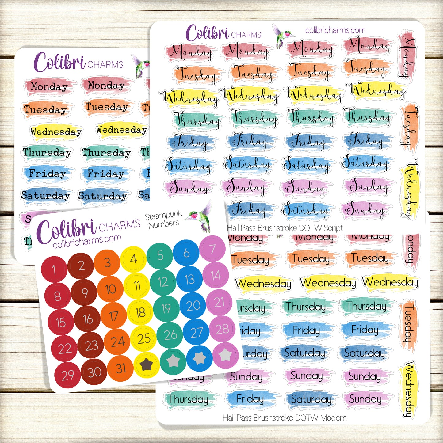 Hall Pass Brushstroke Days of the Week Planner Stickers | Colorful Watercolor DOTW | Number Stickers | Date Dots