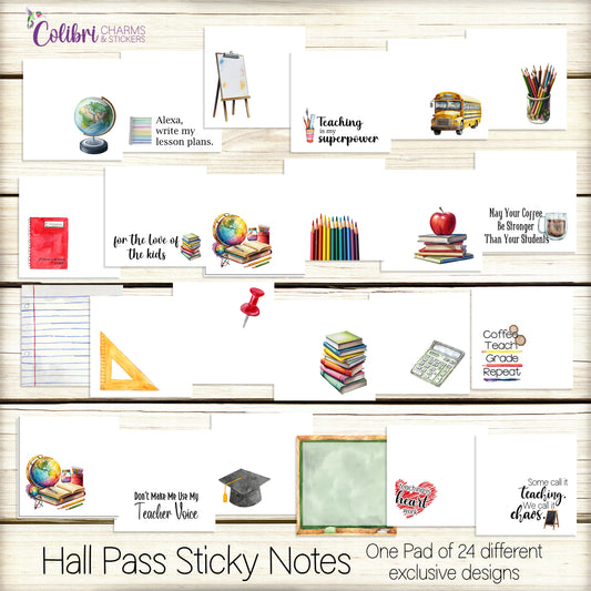 Hall Pass Post Its | Pad of 24 Teacher Sticky Notes | Teacher Appreciation Gift | Seasonal Planner Stickies