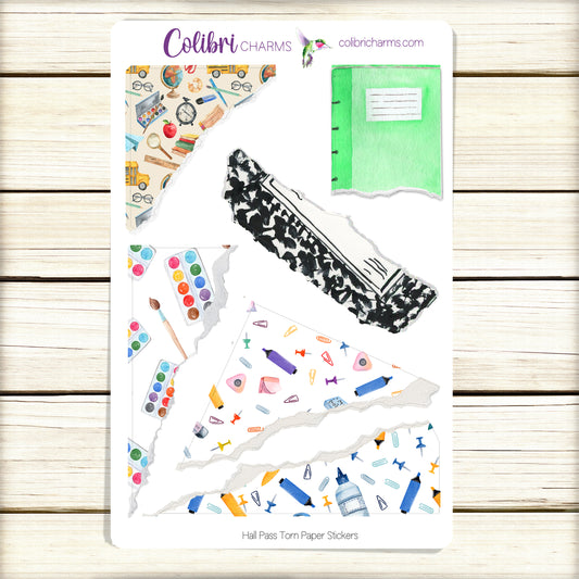 Hall Pass Torn Paper Stickers | School-Themed Deco Planner Stickers | Distressed Ripped Paper