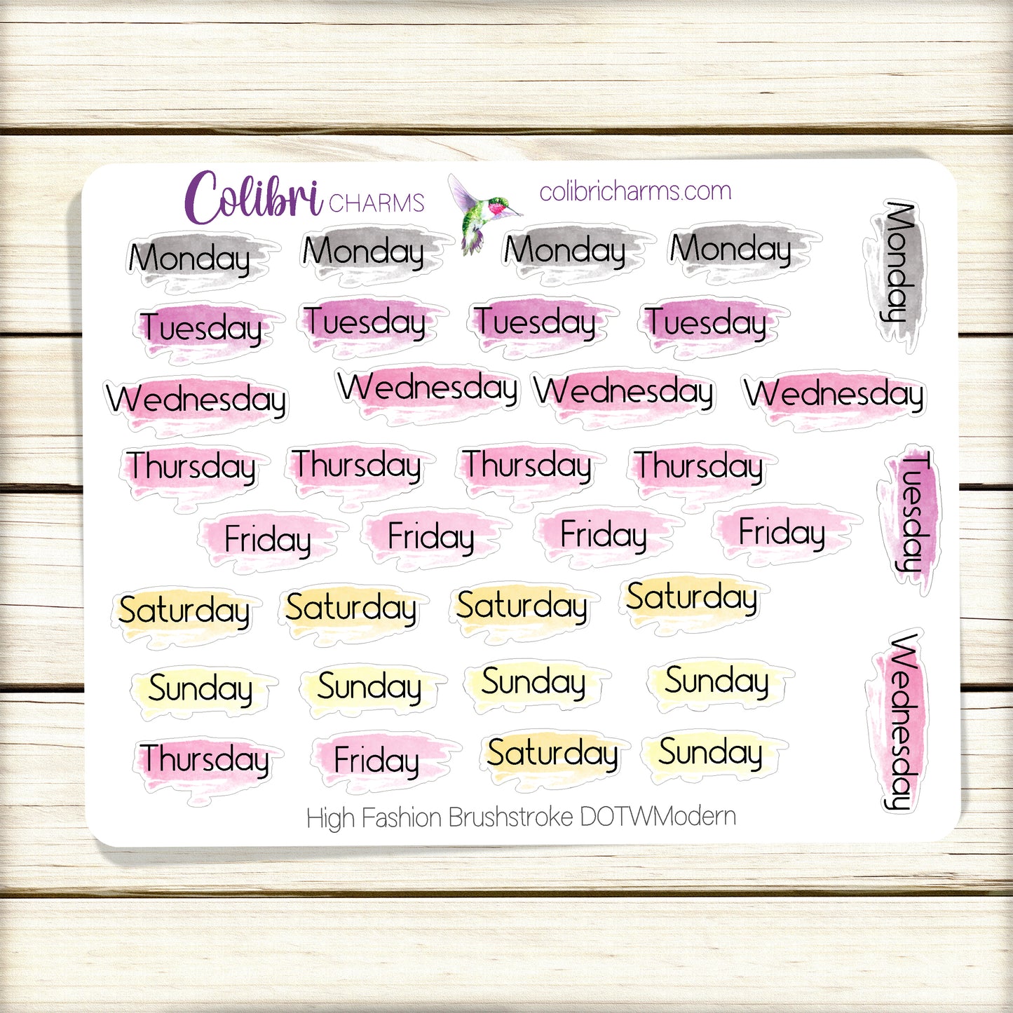 High Fashion Brushstroke Days of the Week Planner Stickers | Colorful Watercolor DOTW | Number Stickers | Date Dots